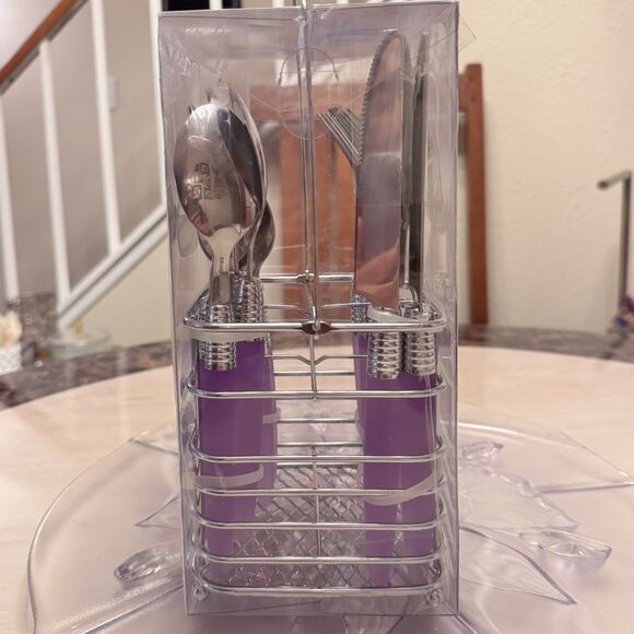 Cambridge Casuals Stainless Flatware Set 16pc Purple Plastic Handle w/Caddy For4 - Picture 5 of 8